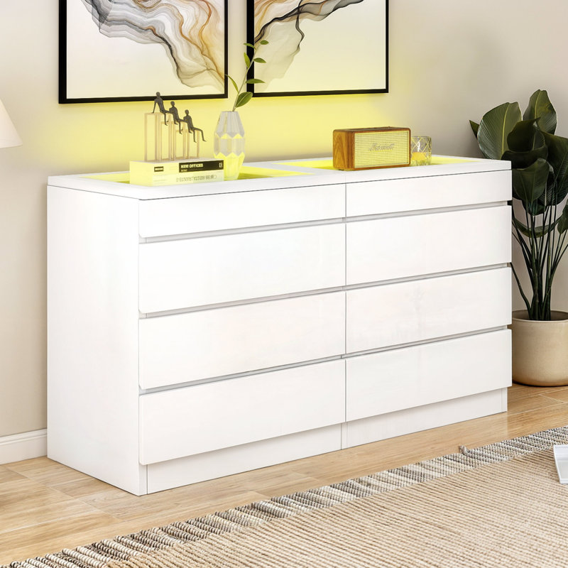 LED Modern 8 Drawer Chest High Gloss Surface White Dresser With Tempered Glass Top Storage Organizer Cabinet